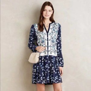 Anthropologie Tiny Semele Mixed Print Embroidered Shirt Dress XS